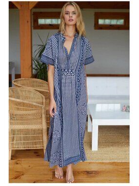 Emerson Fry India Collection Caftan in Ink Blue- Organic Cotton (OS)